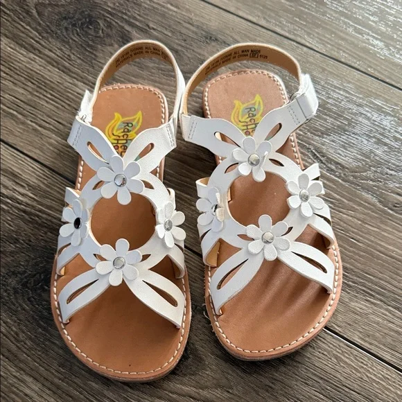 Rachel White Floral Girls' Leather-Look Sandals - Picture 1 of 6